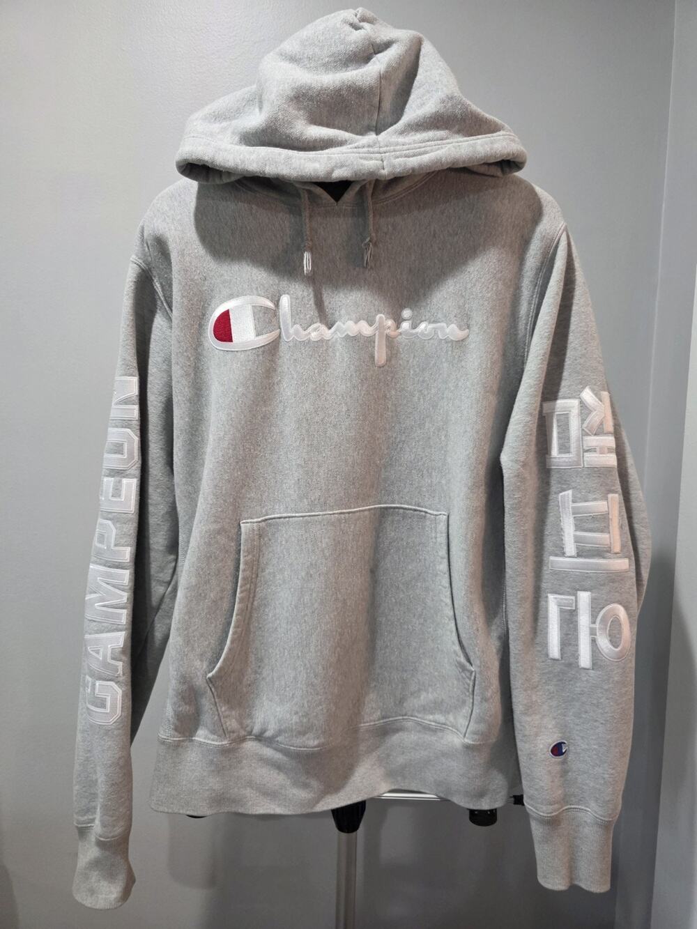 Champion Reverse Weave Hoodie Mens Large Gray Embroidered Spellout Japanese Logo